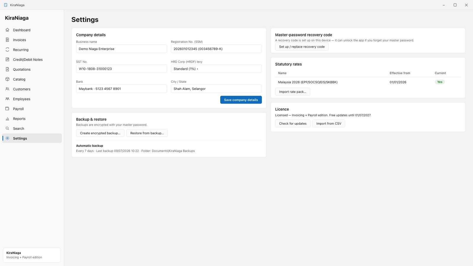 Skrin Settings KiraNiaga untuk profil syarikat, lesen dan backup