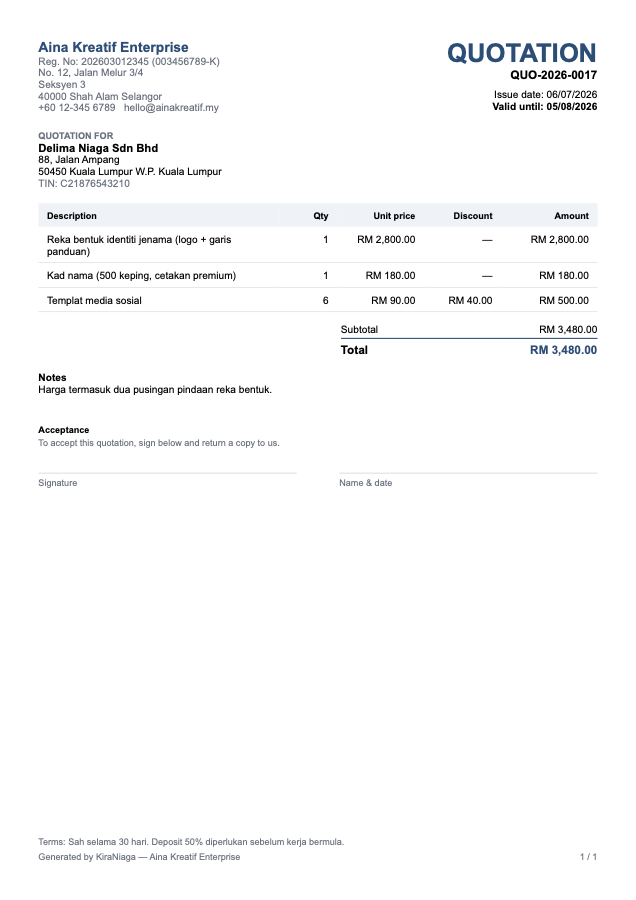 Contoh sebut harga PDF yang dijana oleh KiraNiaga