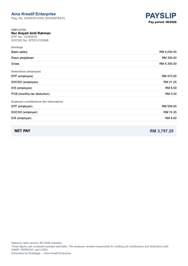 Contoh slip gaji PDF dengan EPF, SOCSO, EIS dan PCB